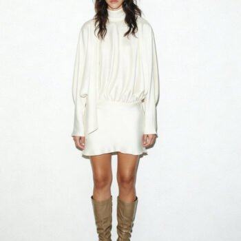 Beige Satin High-Neck Scarf-Back Mini Dress