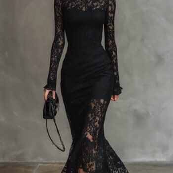 Elegant Party Black Stretch Lace Fishtail Maxi Dress