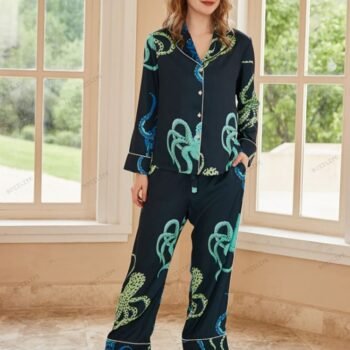 Octopus Print Ice Silk Long-Sleeve Pajama Loungewear Set