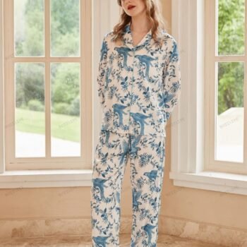 Parrot Print Ice Silk Long-Sleeve Pajama Loungewear Set