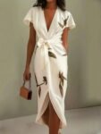 White Leaf Short Sleeve Satin Wrap Sheath Midi Dress