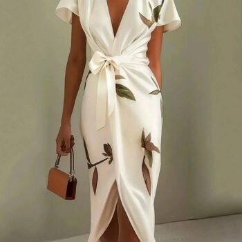 White Leaf Short Sleeve Satin Wrap Sheath Midi Dress