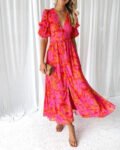 Alva - Elegant V-neck Puff Sleeve Maxi Dress