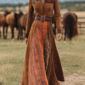 Western Retro Lace-Up Plaid Patchwork Caramel Faux Suede Maxi Dress