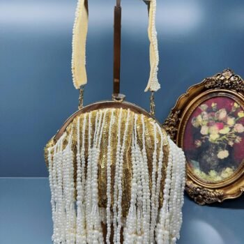 Gold Crystal Embroidered Pouch With Handle