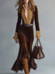 Fashionable Retro Lace Half-Zip Cocoa Brown Velvet Fishtail Dress