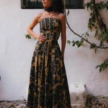 Vintage Print Strapless Maxi Dress