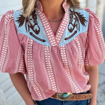 Prairie Horse Gingham Puff Sleeve Blouse