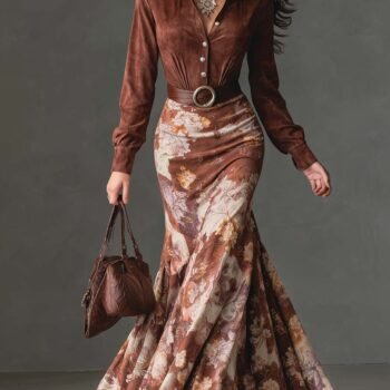 Vintage Floral Flare Hem Polyester Suede Maxi Dress