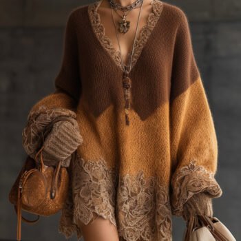 Brown Ombre Knit Lace Oversized Long Sleeve Mini Dress