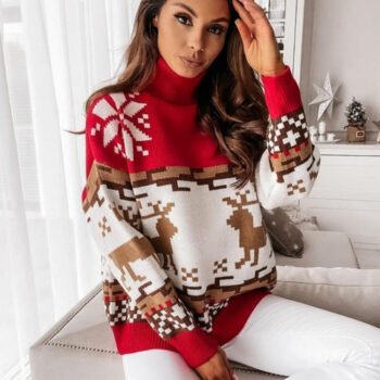 Knit Pullover with Embroidered Reindeer and Snowflake Design
