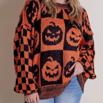 Suéter xadrez Halloween Jack-O-Lantern