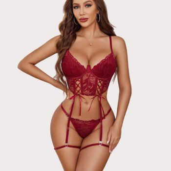 4 Piece Garter Floral Lace Bra and Panty Sets