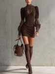 Brown Faux Suede Bodycon Dress With Satin Polka Dots