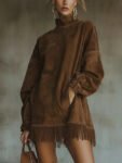 OliveFauxSuedeTurtleneckDressWithFringeHem