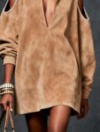 CamelFauxSuedeCold-ShoulderDress