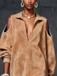 CamelFauxSuedeCold-ShoulderDress