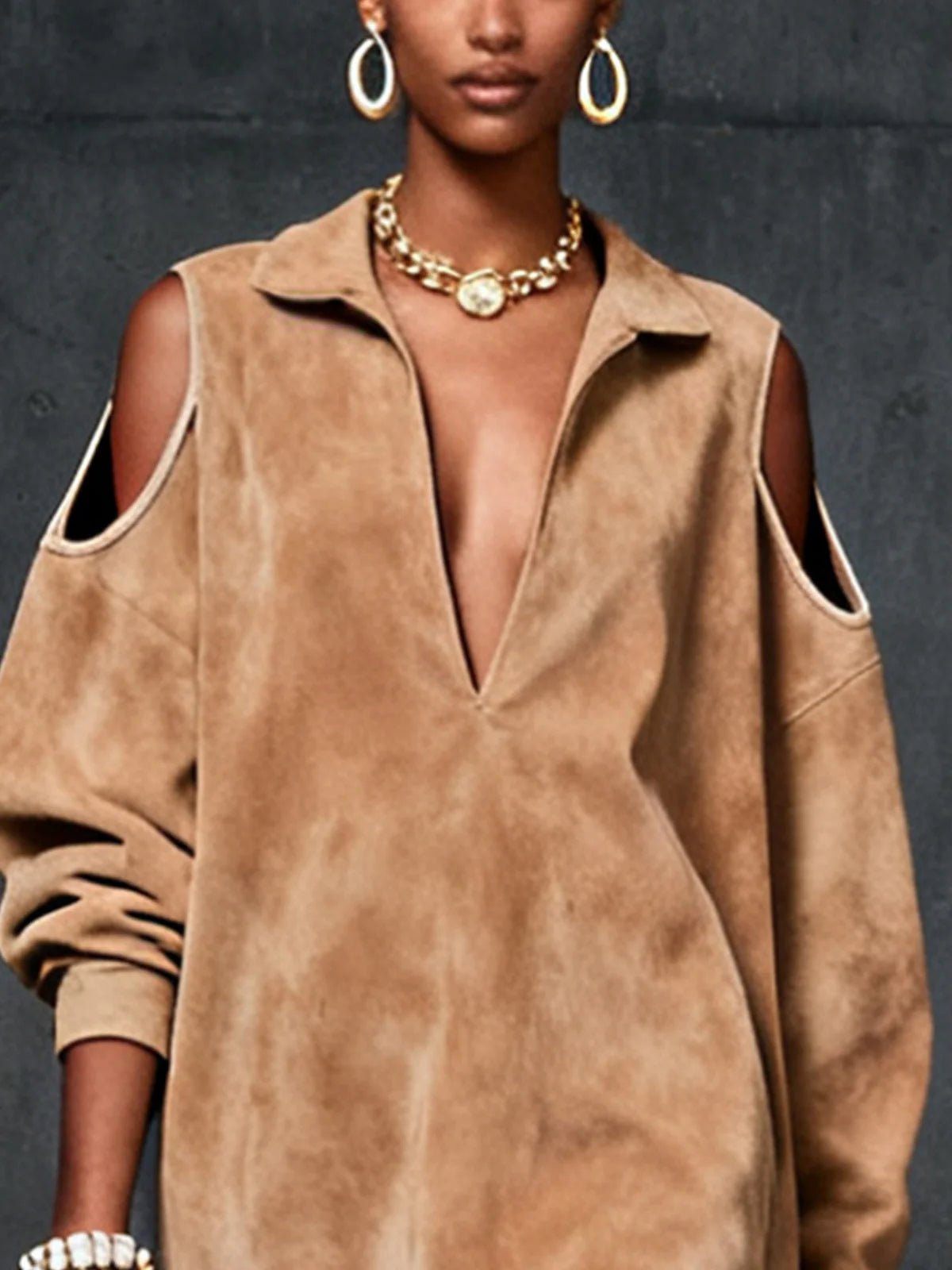 CamelFauxSuedeCold-ShoulderDress_2-1