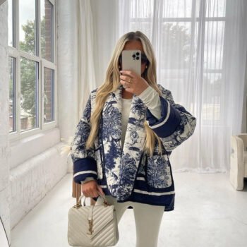 Vintage Ink Painting Print Quilted Oversized Jacket