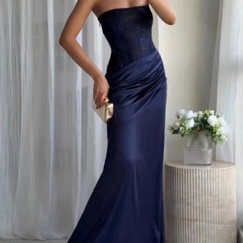 Strapless Rhinestone Pleated Maxi Dress
