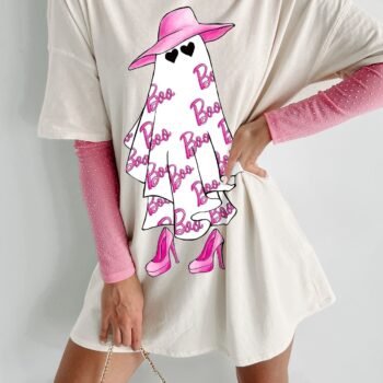 Girly Ghost Oversized Graphic T-Shirt Dress (Vanilla)