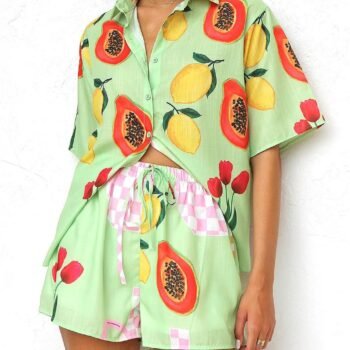 Casual Printed Cardigan Shirt Shorts Set