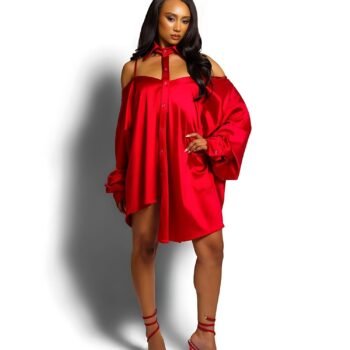 Adjustable Tie Off-Shoulder Satin Shirt Dress