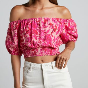 Off Shoulder Puff Sleeve Shirred Top In Pink Floral
