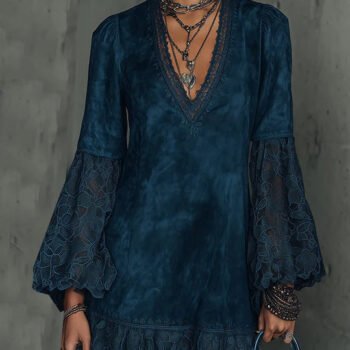 Faux Suede Flared Sleeve Lace Mini Dress
