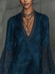 NavyFauxSuedeMiniDressWithLaceBellSleevesAndScallopedHem