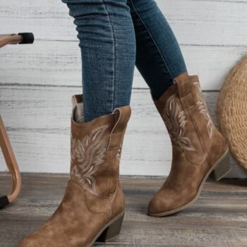 Vintage Western Cowboy Embroidered High-Heeled Knight Ankle Boots