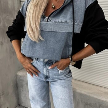 Loose Casual Wash Denim Patchwork Hoodie