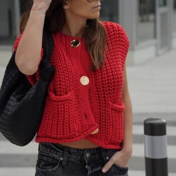 Large Buttons Solid Color Knit Vest Cardigan