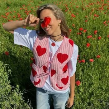 Heart Print Sleeveless Pink Bow V-neck Waistcoat