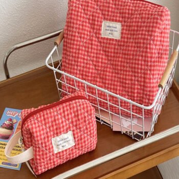 Cranberry Checkered Makeup Bag