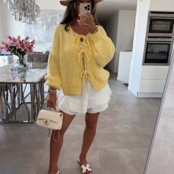 Solid Color Crew Neck Lace-Up Cardigan