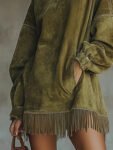 OliveFauxSuedeTurtleneckDressWithFringeHem
