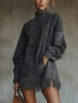 OliveFauxSuedeTurtleneckDressWithFringeHem