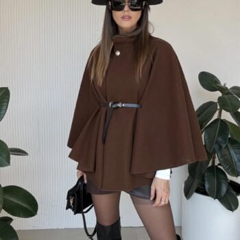 Stand Up Collar Belted Cape Coat