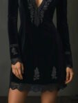 RetroBlackVelvetEmbroideredLaceTrimMiniDress