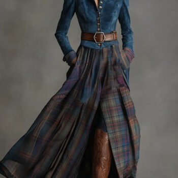 Retro Ethnic Style Blue Faux Suede Plaid Maxi Dress(Includes belt)