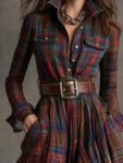 RetroEthnicStyleLapelReddishBrownPlaidMaxiDress