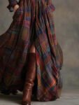 RetroEthnicStyleLapelReddishBrownPlaidMaxiDress