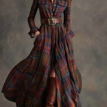 Retro lapel reddish brown plaid maxi dress