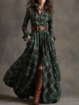 RetroEthnicStyleLapelReddishBrownPlaidMaxiDress