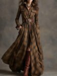 RetroEthnicStyleLapelReddishBrownPlaidMaxiDress
