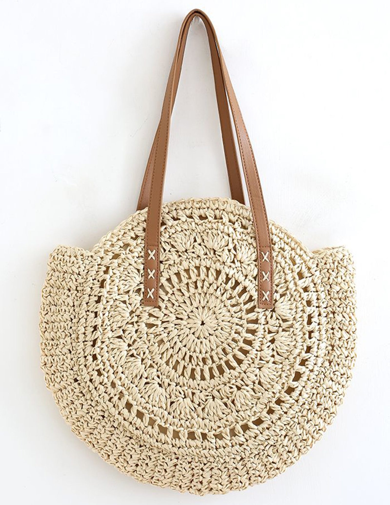 RoundWovenStrawShoulderBaginCamel