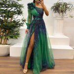Judith - Trendy One Shoulder Mesh Print Maxi Dress
