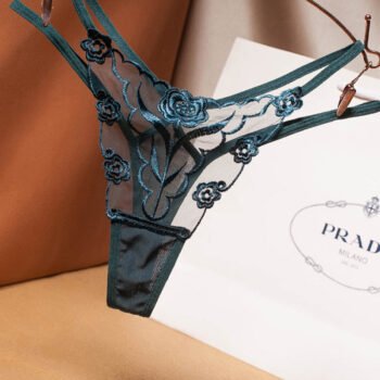 Rose Embroidery Thong Mesh Panties