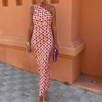 Irmgardi - Colorful Asymmetric Neckline Dress